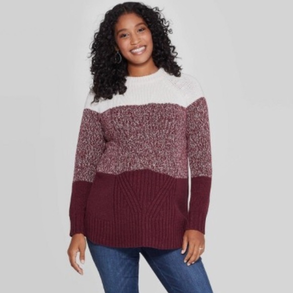 Chunky Knit Cable Colorblock Long Sweater Maternity XXL Pullover Red/White - Picture 1 of 13